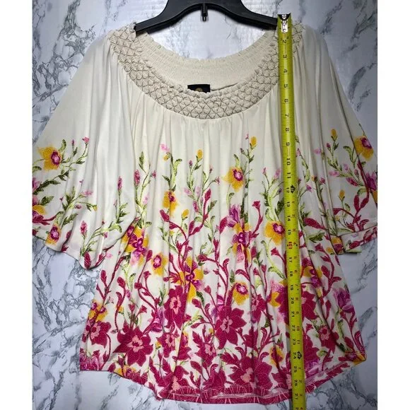 JM Collection XL Floral Boho Top Cream/Pink Short Bell Sleeves Smocked Neckline - Picture 7 of 13